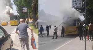 Yanan İETT otobüsüne vatandaşlar yangın söndürme tüpüyle müdahale etti