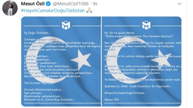 Doğu Türkistan paylaşımı yapan Mesut Özil, “Zulmün olduğu yerde tarafsızlık, namussuzluktur”