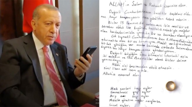 Erdoğan, “Milli Dayanışma Kampanyası’na yüzük gönderen bayanla telefonla görüştü”