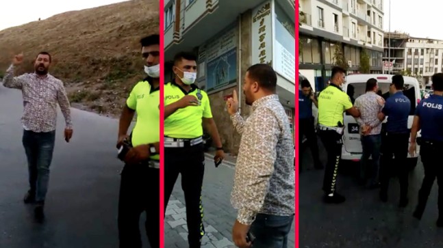 Minibüs şoförü, parmak sallayarak polisleri ölümle tehdit ediyor!