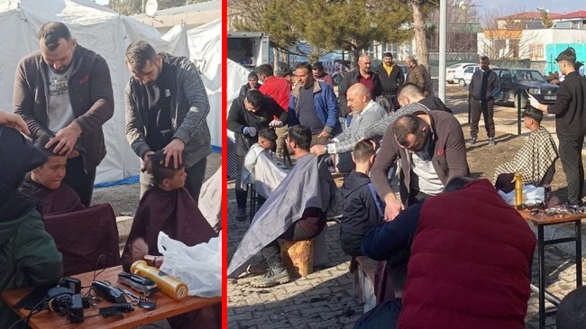 Sultangazili berberler Elbistan’da depremzedeleri bilabedel tıraş ediyor