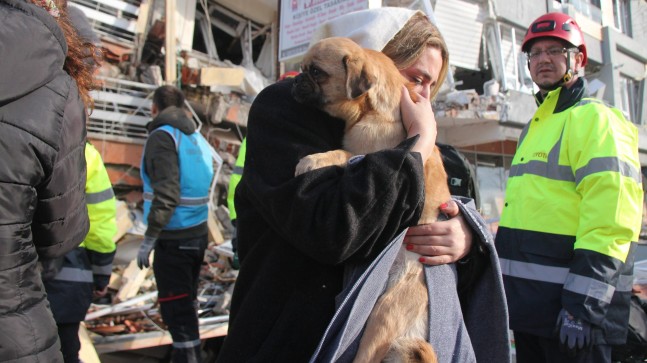 Yıkılan binanın enkazından çıkarılan yavru köpeği depremzede sahiplendi