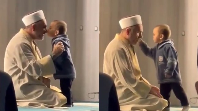 Camide Kur’an-ı Kerim okuyan imam ile çocuğun yüzleri gülümseten diyaloğu