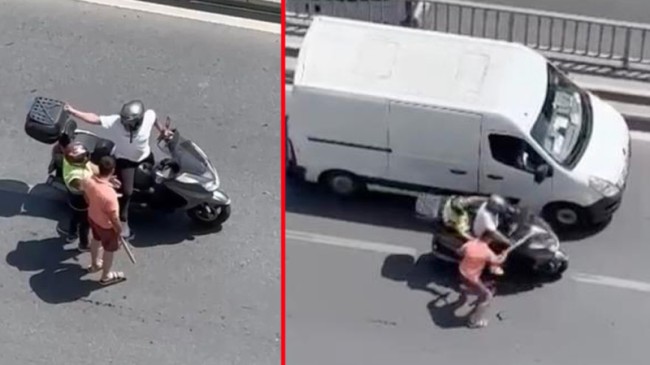 Trafik magandası tır sürücüsü kamerada: Motosikleti sopayla dağıttı
