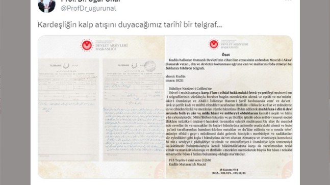 Filistinlilerin 1. Dünya Savaşı’nda Osmanlı’ya gönderdiği ‘destek’ telgrafı